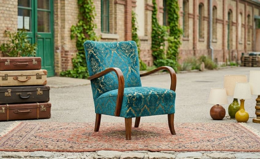 Das Bild zeigt mehrere Vintage-Artikel, links im Bild mehrere alte Koffer, in der Mitte einen türkisen Stuhl und rechts mehrere Lampen.